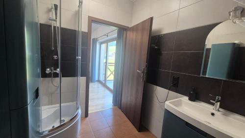 a bathroom with a shower and a sink and a mirror at Domek Zieleniec I Komfortowy Dom z Sauną dla Dużej Grupy przy Górskich Szlakach in Duszniki Zdrój