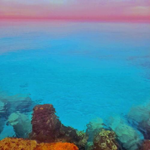a painting of a reef with blue water at قرية الفيروز السياحيه وقرية الشروق وقرية كرير لاجون in Dawwār Ḩalīs
