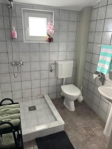 a bathroom with a toilet and a sink and a window at Apartmani Suzanna, apartman a in Eraci