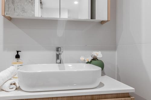a bathroom with a white sink and a mirror at Rooftop patio w Mt View, Parking, Wifi n Netflix in Braddon