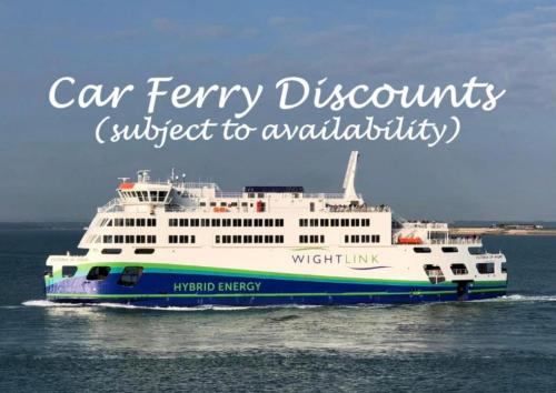 a ferry boat in the water with the words car ferry discounts subject to availability at Little Wight House - Yarmouth in Freshwater