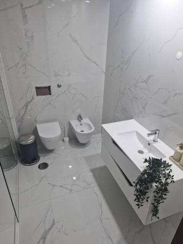 a white bathroom with a toilet and a sink at Espinho Charm Stay in Espinho