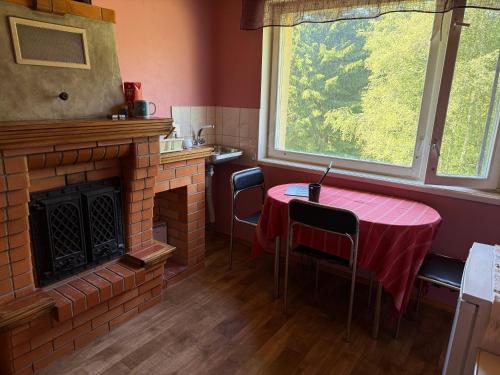 HaanjaにあるCozy Apt in Haanjaのテーブルと暖炉のあるダイニングルーム