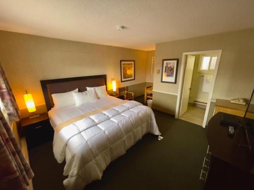 a hotel room with a large bed and two lamps at Adams Motel in Sault Ste. Marie