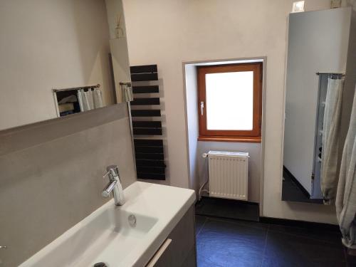 een badkamer met een wastafel en een raam bij Le Clos du Château in Rully