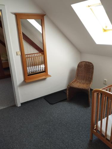 a mirror and a chair in a room at Hotel Růže in Rožmberk nad Vltavou