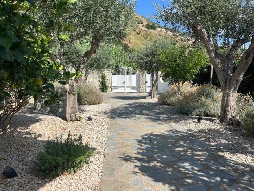 a garden with trees and a gate in the background at Villa INARIME in Ischia