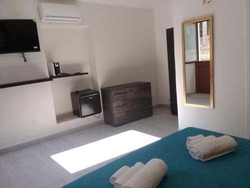 a room with a bed and a television and a mirror at La Colombaia Bed and Rooms in Belvedere Marittimo