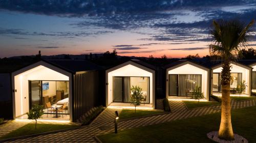 a row of modular homes at night with a palm tree at Villas Palma Airport in Rinas