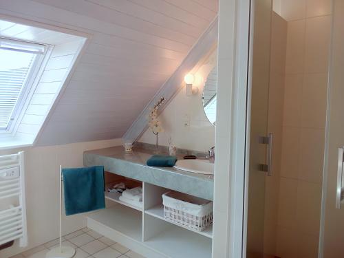 a bathroom with a sink and a mirror at Chambres D'hôtes De Kerantum in Mahalon