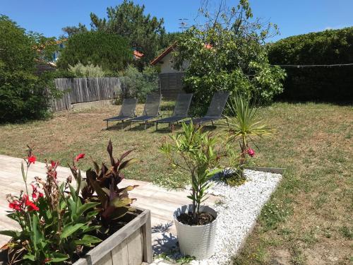 a row of chairs in a garden with flowers at Villa Tamaris in Glanon