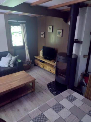 a living room with a fireplace and a couch at vogelzang in Oignies-en-Thierache