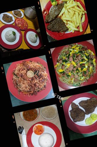 four different plates of food with noodles and french fries at Charmante petite maison toute équipée in Talata-maty