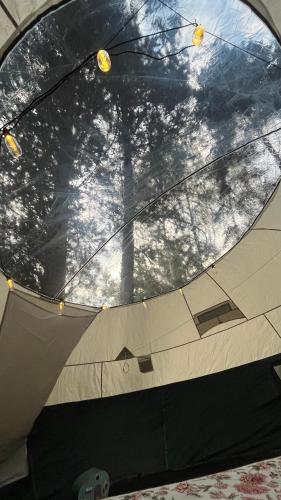a large circular window with trees in the background at Avaluna 6 osobe max - shower outside tus spolja in Vrčin