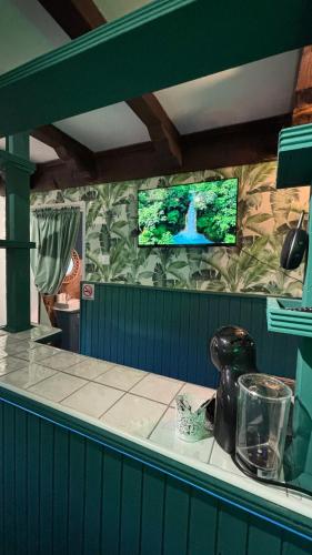 a kitchen counter with two monitors on the wall at Avaluna 6 osobe max - shower outside tus spolja in Vrčin