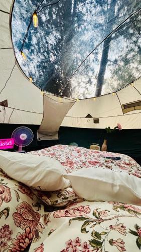 a room with two beds in front of a window at Avaluna 6 osobe max - shower outside tus spolja in Vrčin