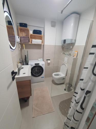 a small bathroom with a washing machine and a toilet at Apartman Jež 4 De Lux - self check in, free parking in Karlovac