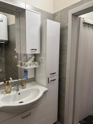 a bathroom with a sink and a mirror at Apartmán u bazénu in Šumperk