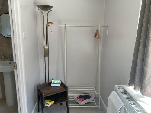 a bathroom with a shower with a table and a lamp at The Meadow Garden Guest Room in Newmarket