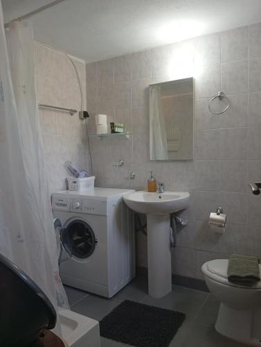 a bathroom with a washing machine and a sink at Elina House in Nikiti