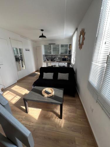 un salon avec un canapé noir et une table dans l'établissement Appartement T1B place saint Anne, à La Riche