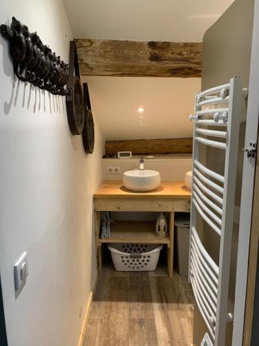 a small bathroom with a sink and a counter at Chalet Sauce Montagnarde in Planay