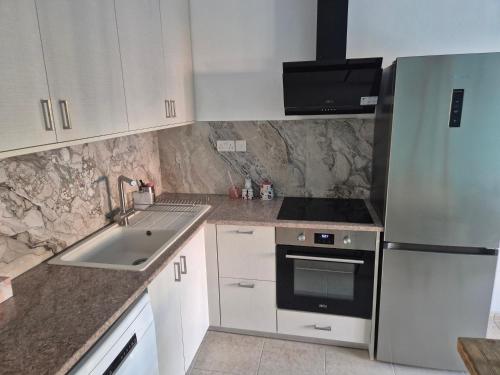 una cocina con fregadero y refrigerador en Sea Nest, en Pafos