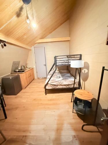 a bedroom with a bunk bed in a room with wooden floors at happy pandasN12 in Borjomi