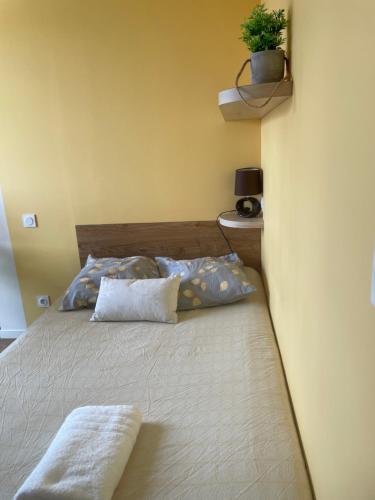 une chambre avec un lit avec deux oreillers dessus dans l'établissement Chambres avec espaces communs équipés parfait pour séjour professionnel ou ambiance conviviale, à Laval