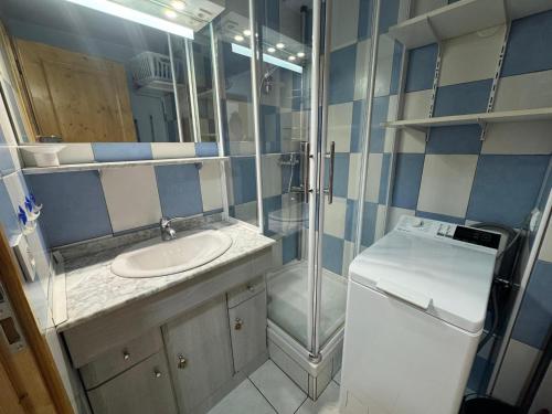 une petite salle de bain avec un lavabo et une douche dans l'établissement Appartement Confort 4 Pers., Balcon Sud-Ouest, Reberty 1850, Proche Pistes et Commerces - FR-1-452-261, aux Menuires