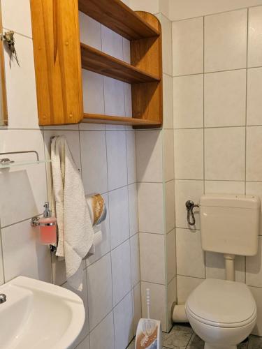 a small bathroom with a toilet and a sink at U Młynarczyków in Dębno