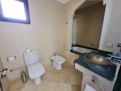 a bathroom with a sink and a toilet and a mirror at Palm river marrackech in Marrakesh