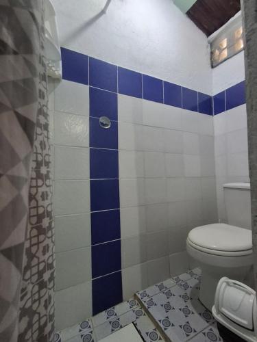 a bathroom with a toilet and blue and white tiles at BlueBayou.capurgana in Capurganá