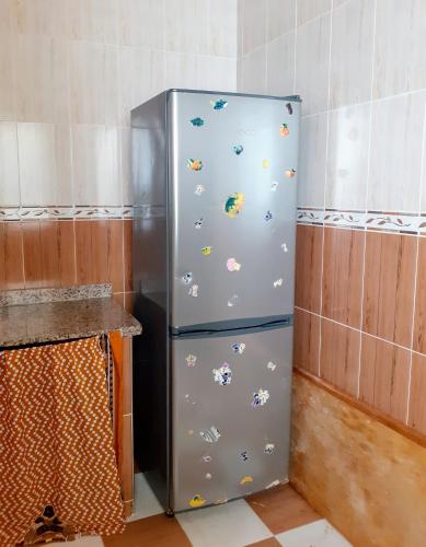 a refrigerator in a kitchen with butterflies on it at Dar Al-Amira - Fnideq Beach Apartment in Fnidek