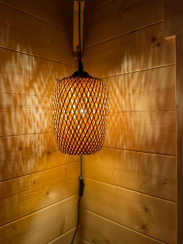a lamp hanging from a wall in a room at Wellness-Ferienwohnung mit Sauna, Massagen, beheizbarem Whirlpool & eigener Bierzapfanlage in Pomssen