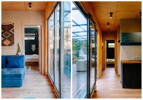 two views of a living room with glass walls at Gipsy Village Park Hotel in Asuretʼi