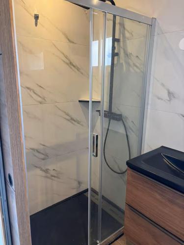 a shower with a glass door next to a counter at appartements familial in Vias