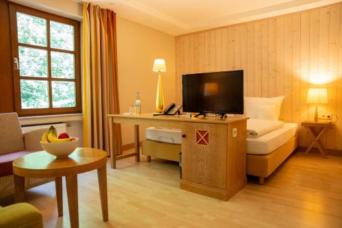 a hotel room with a bed and a television at Hotel Der Waldkater in Rinteln