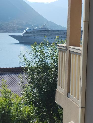 a cruise ship in the water with a building at Apartment Bay View in Kotor