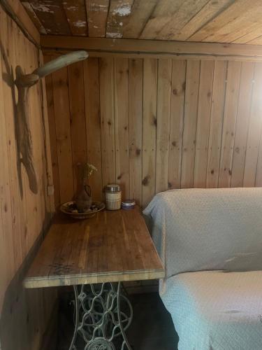 a bedroom with a wooden wall with a table next to a bed at Ventlejas in Strakši