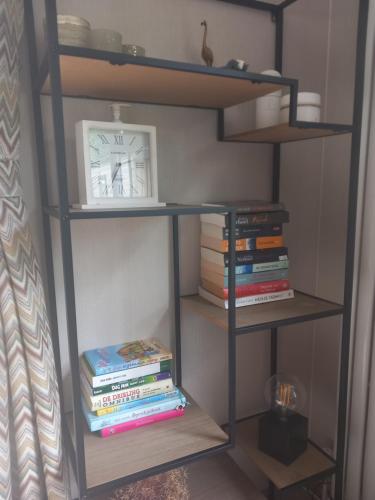 a book shelf with books and a clock on it at PrinsHeerlijk in Harderwijk