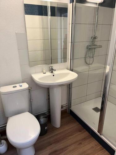 une salle de bain avec toilettes, lavabo et douche dans l'établissement Chalets De La Vanoise - Les Chalets de la Vanoise -CV1304- MAE-6421, à Villarodin-Bourget
