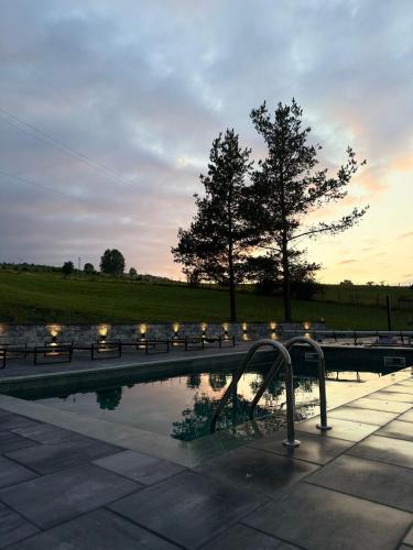 a swimming pool with benches and a tree in the background at Uvac lake "FF" in Sjenica