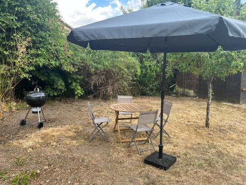 a grill and a table and chairs under an umbrella at Le logis de Diane in Candé-sur-Beuvron
