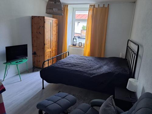 a bedroom with a bed and a television and a window at Apartment MICHAELA in Spital am Pyhrn
