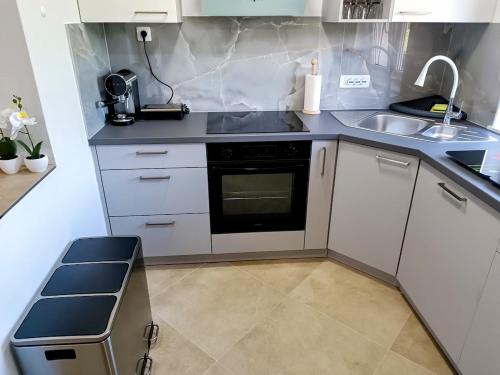 a small kitchen with a sink and a stove at Apartma LANA in Koper
