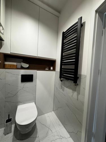 a bathroom with a white toilet and a shower at Apartament - Centrum in Olsztynek