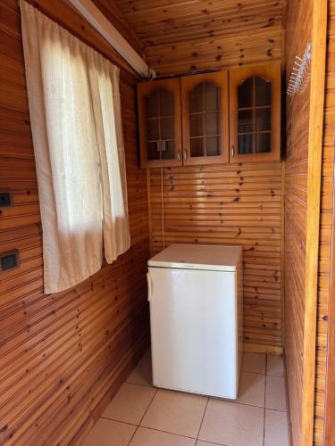 a small white refrigerator in a room with wooden walls at Laguna Park in Divjakë