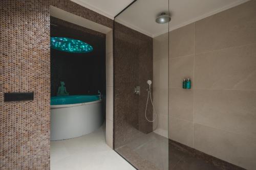 a bathroom with a shower with a blue sink at Diamonte Villas Collection in Tivat