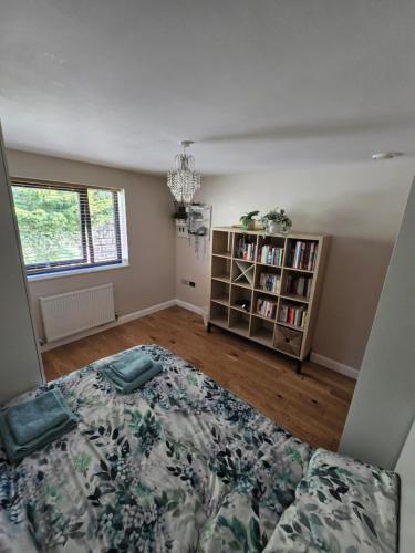 a bedroom with a bed and a book shelf at Anna's Place in Totnes